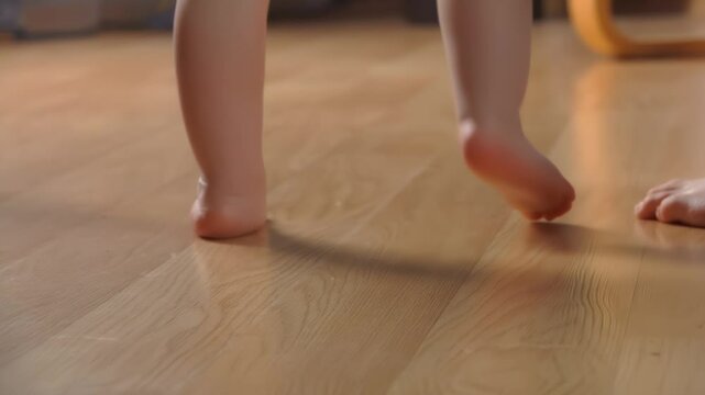 Close-up of adorable barefoot baby taking the first steps by himself. High quality 4k footage