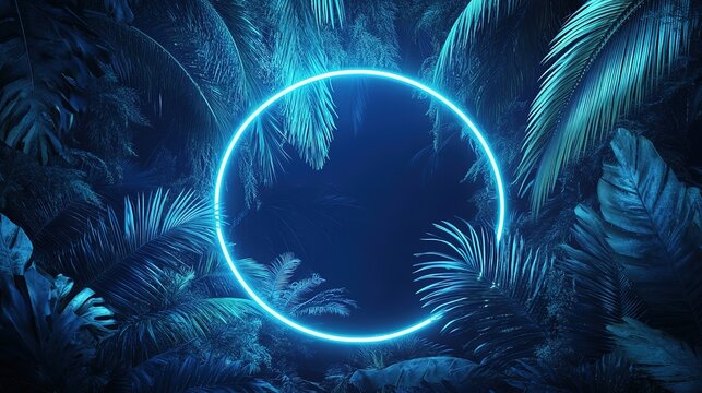 Blue and Green glowing neon ring with exotic palm tree foliage on black. Vibrant backdrop for advertising summer vacation, travel agency, beach resort or swimming pool party invitation 8k Image