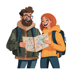 Couple of tourists with a map. Vector illustration in cartoon style.eps