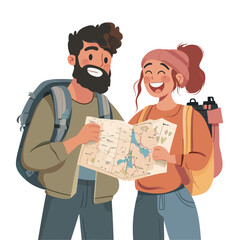 Couple of travelers with map and backpack. Vector illustration in cartoon style.eps