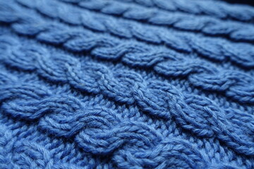 Closeup of handmade blue knitted fabric with cable braids