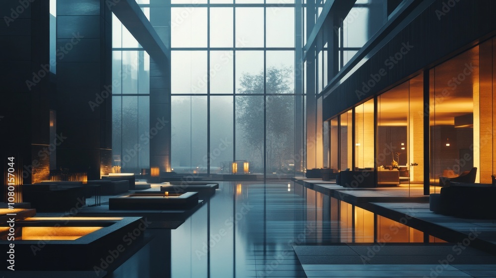 Poster a large, modern building with a glass ceiling and a large pool