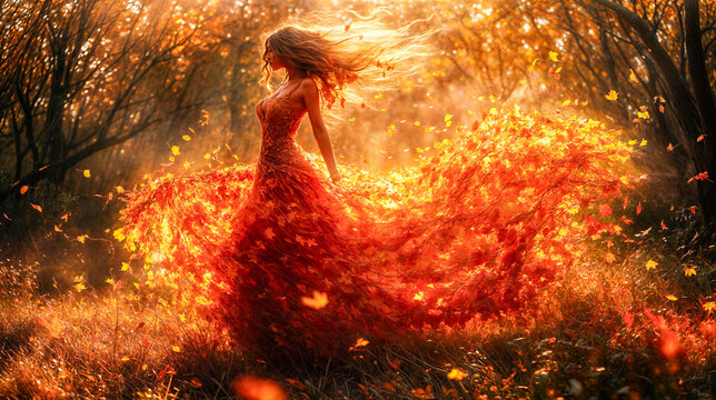 Femme qui danse dans la for&ecirc;t en automne avec une robe faite de feuilles mortes qui volent autour d'elle