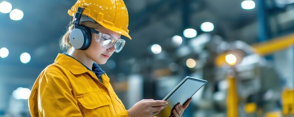 A worker in safety gear operates a tablet in an industrial setting, showcasing modern technology and safety practices.