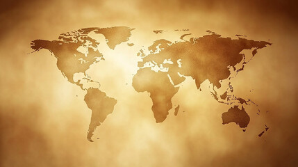 A world map with a vintage feel, outlined in a dark silhouette on a warm brown background with smoky texture.
