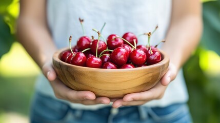Fresh Cherries in Wooden Bowl: A woman's hands delicately hold a wooden bowl overflowing with vibrant red cherries, capturing the essence of summer's sweet bounty.