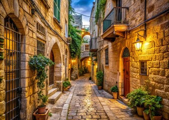 Obraz premium Cozy Narrow Street in Old City Jerusalem: Capturing the Charm of Stoned Houses and Historic Walls in the Jewish Quarter, an Inviting Slice of Israel's Rich Heritage