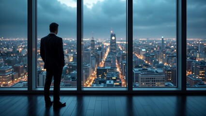 Fototapeta premium Businessman Gazes at Night City Skyline, Embodying Vision and Ambition