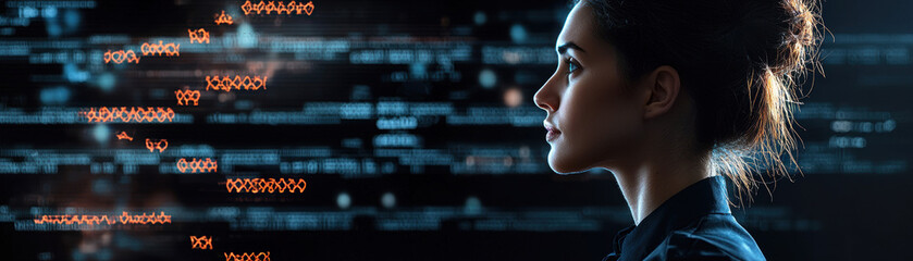 Fototapeta premium Personalized Medicine Genetic Testing Concept. A profile of a woman against a digital background, symbolizing technology, data, and innovation.