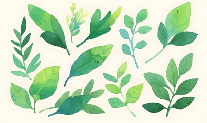 Watercolor green leaves collection, Generative AI 
