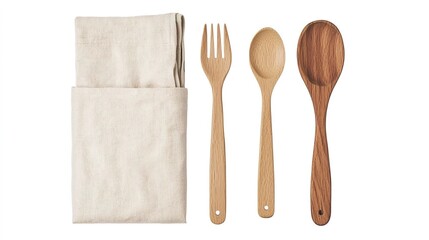 Reusable water bottle, cloth bag, and wooden utensils set up neatly