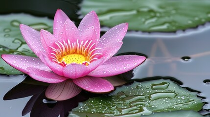 Beautiful Pink Lotus Flower with Dew Drops on Lily Pad in Serene Pond Environment Showcasing Nature's Tranquility and Vibrant Colors