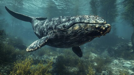 Fototapeta premium A humpback whale swims through a kelp forest, its massive body blending with the underwater landscape.