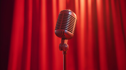 Vintage microphone on stage with red curtains and warm lighting, symbolizing performance,...