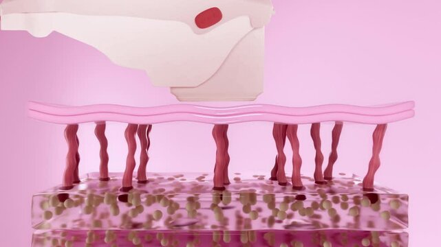 A front-view 3D rendering video for a laser treatment concept, showing how a machine-shot laser is applied to the skin layer to restore skin texture and regenerate collagen fibers.