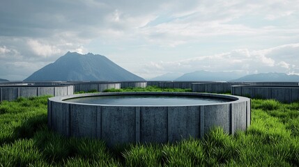 A serene landscape featuring circular stone structures filled with water, surrounded by lush greenery and distant mountains under a cloudy sky.