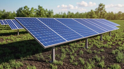 A field of solar panels generates renewable energy, surrounded by greenery under a clear sky.