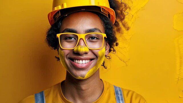 Portrait of a young woman in a yellow hard hat and matching yellow outfit, smiling against a bright yellow background.