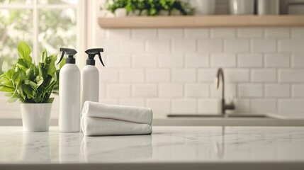 Sanitizing wipes and spray bottles on a clean countertop