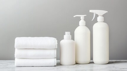 Sanitizing wipes and spray bottles on a clean countertop