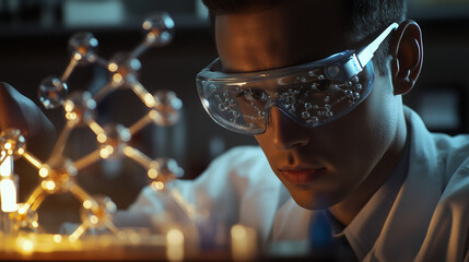 Scientist in lab visualizing molecular structures with augmented reality