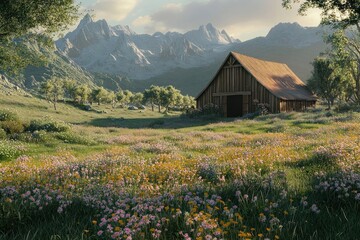 Fototapeta premium Rustic Barn Nestled in a Mountain Meadow with Wildflowers