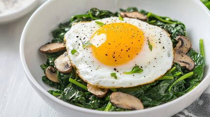 Sauted spinach and mushroom mix served with a poached egg on top for a protein-rich breakfast
