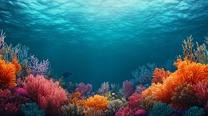 Naklejka premium A vibrant underwater scene showcasing colorful coral reefs with diverse marine life set against a shimmering blue ocean backdrop.