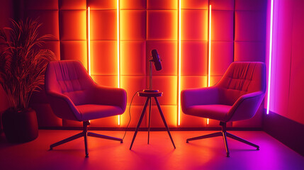 Modern podcast setup with two armchairs, a microphone, and vibrant neon lighting in a dark studio, symbolizing creativity, media production, and contemporary style, perfect for themes of podcasts