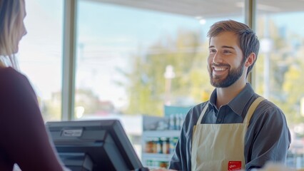 Friendly cashier assisting customer at retail store with warm smile and approachable demeanor, creating a positive shopping experience in a bright environment