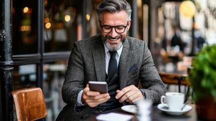 Stylish Man with Glasses Using Smartphone at Cafe Table Smiling in Elegant Suit, Enjoying Morning Coffee and Digital Connectivity in Trendy Urban Setting