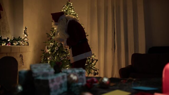 Cold Santa Claus Magically Lights The Fireplace And Warms Himself Up In His Home