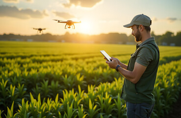  Smart agriculture, a farmer using a tablet to monitor crops, a vast field with drones flying above