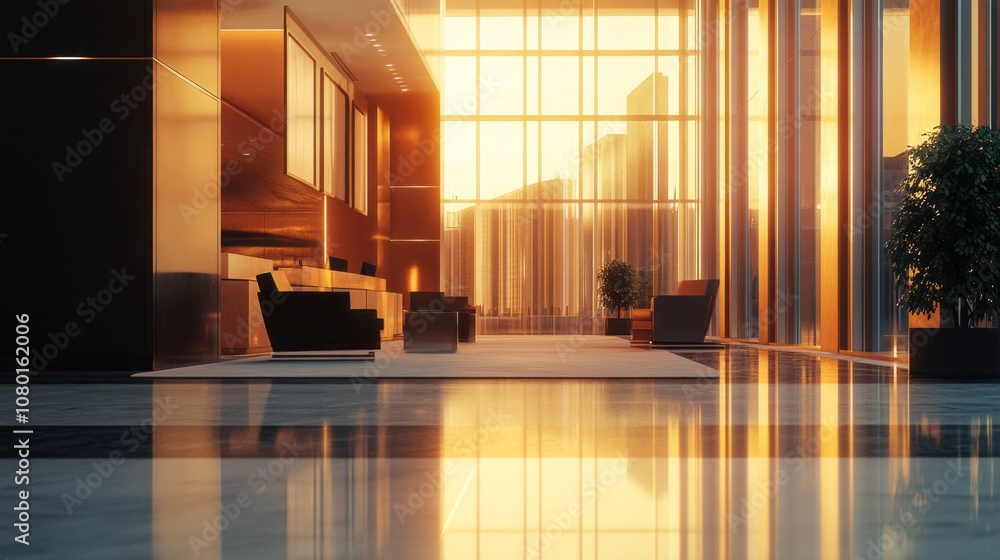 Poster A large lobby with a lot of seating and a large window