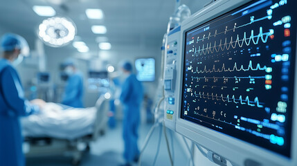Life Signs:  A sterile, high-tech operating room, with the focus on a heart monitor displaying a steady rhythm.