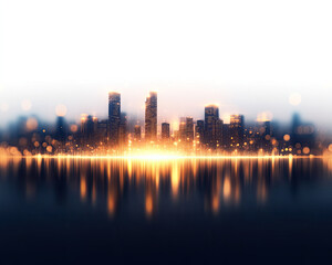 Obraz premium Stunning city skyline with vibrant lights and reflections at dusk.