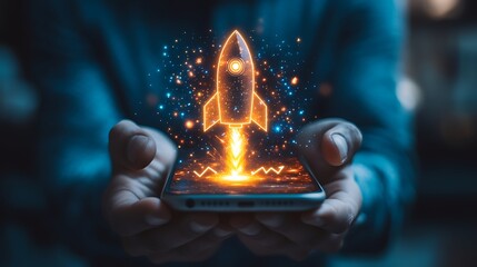 A businessman holding up an Phone with a glowing rocket icon