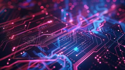 A close-up of a vibrant circuit board with neon colors, symbolizing technology and innovation.