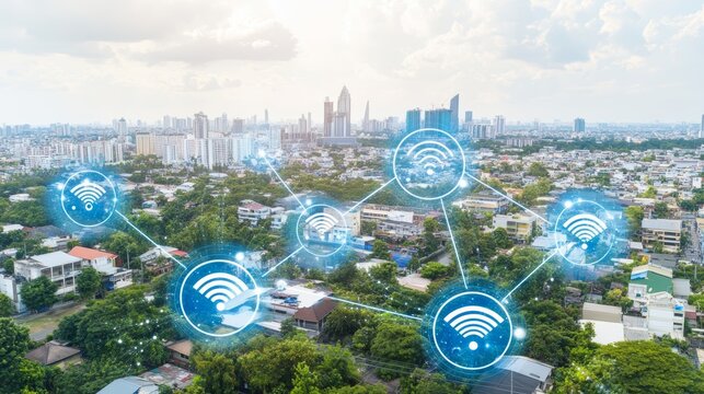 A city skyline with wifi icons connecting the buildings