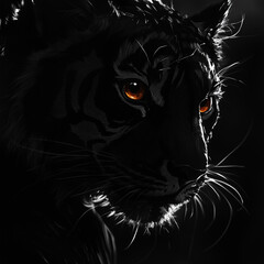 A powerful black tiger with striking orange eyes, beautifully captured in dramatic lighting, emphasizing its fierce gaze and detailed fur in a dark environment.
