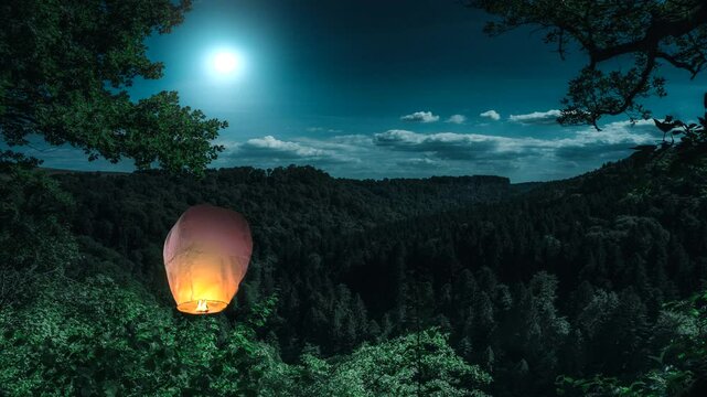 A homemade paper balloon fueled with paraffin flying over and illuminating a forest at night.