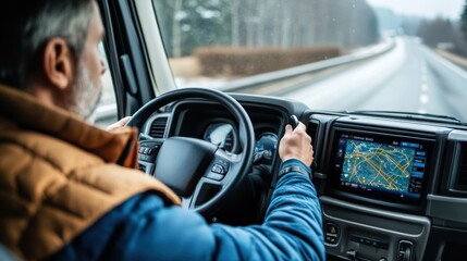 Man Driving Truck with GPS Navigation System on Highway, Focusing on Route and Road Ahead in a Scenic Landscape with Trees and Mountains in Background