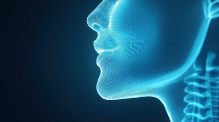 A blue face with a blue neck and a blue skeleton