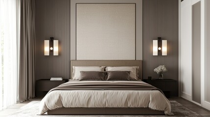 Modern and Elegant Bedroom Interior Design With Soft Colors and Ambient Lighting, Featuring Cozy Bed, Stylish Nightstands, and Chic Decorative Elements