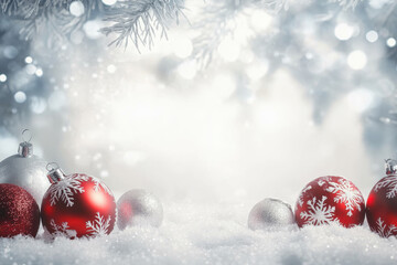 festive arrangement of red and silver Christmas ornaments on snow, creating joyful holiday atmosphere