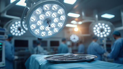 Surgical Suite Intensity:  A sterile, high-tech operating room with surgical instruments in focus, illuminated by bright surgical lights, and blurred medical professionals in the background.