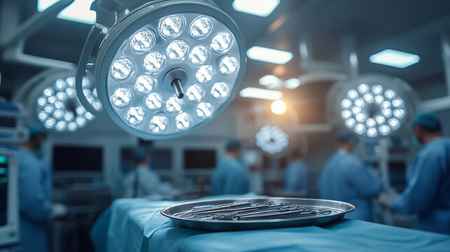 Surgical Suite Intensity:  A sterile, high-tech operating room with surgical instruments in focus, illuminated by bright surgical lights, and blurred medical professionals in the background.