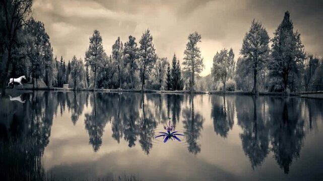 A beautiful autumn scene with a white horse passing by a calm lake with its image reflected in the water. In the distance a blue flower floats gently on the lake.