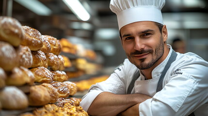 A male baker with a beard smiles while standing in front of a display of fresh baked bread in a bakery.