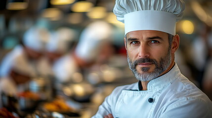 A confident male chef with a grey beard and a white chef's hat stands with his arms crossed in a busy kitchen.